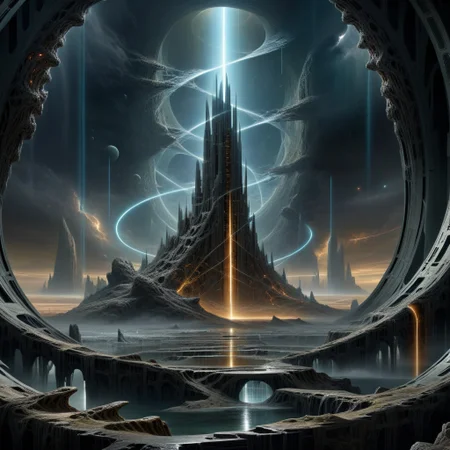 scifi, a techno-optimist fantasy arcology edge of the universe, masterpiece, by Jan Urschel<lora:EnvyBetterHiresFixXL01:0:hr=1><lora:EnvyEndOfTimeXL01:1> <lora:EdobHorrorLandscape_XL_v1.0:1.1> edobhorrorlandscape, Photorealistic, hyperrealism, masterpiece, sharp focus, highly detailed, high quality, digital illustration, intricate details, light reflection, trending on artstation, sharp focus, volumetric lighting, extremely clear 8k wallpaper,
