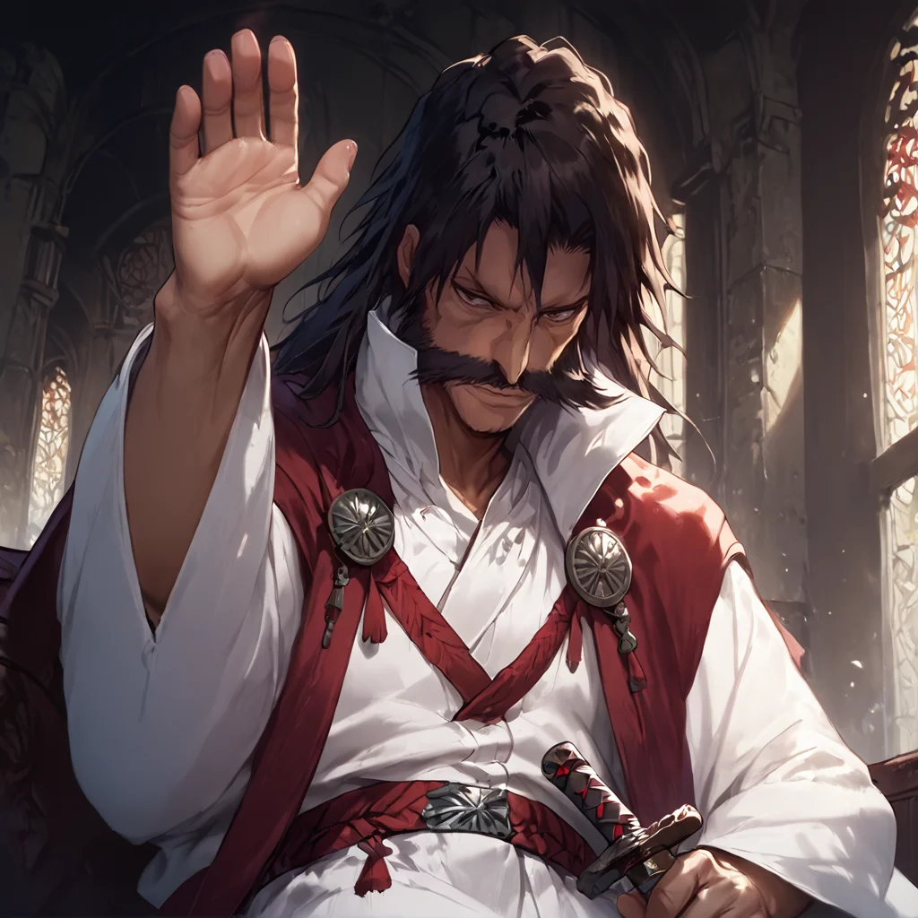 score_9, score_8_up, score_7_up, score_6_up, score_5_up, score_4_up,
1man, long black hair, dark brown hair, huge mustache, pronounced cheekbones, long nose, thin eyebrows, white boots, brown eyes, maroon-black cloak, broad chin, white uniform, masterpiece, high quality, detailed, Pony-NPDXL3, close-up, upper body, <lora:yhwach:1> looking at viewer, inside castle, moonlight, stars, mysterious, dark, holding a sword , weapon, <lora:Fant5yP0ny:1> <lora:SILENCIO_V2:1> sitting, hand up, leaning on back, from below,