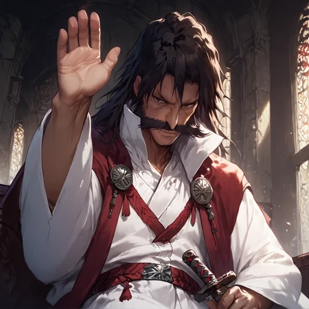 score_9, score_8_up, score_7_up, score_6_up, score_5_up, score_4_up,
1man, long black hair, dark brown hair, huge mustache, pronounced cheekbones, long nose, thin eyebrows, white boots, brown eyes, maroon-black cloak, broad chin, white uniform, masterpiece, high quality, detailed, Pony-NPDXL3, close-up, upper body, <lora:yhwach:1> looking at viewer, inside castle, moonlight, stars, mysterious, dark, holding a sword , weapon, <lora:Fant5yP0ny:1> <lora:SILENCIO_V2:1> sitting, hand up, leaning on back, from below,