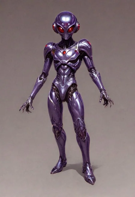a realistic, detailed full-body 3D model of a slim humanoid bug hero inspired by classic Kamen Rider. The character has a rounded, insectoid helmet with large, textured red compound eyes and black antennae that curve backward, giving a sense of motion. His chest armor is a vibrant purple, segmented to emphasize musculature, with black accents. Angular purple shoulder plates add a heroic silhouette. He wears a utility belt with a central buckle featuring a red gem. The arms and legs are covered in purple and black segmented armor for an exoskeletal look, with knee guards and forearm plates. head to toe, concept art by syd mead, retro futuristic, flat colors
