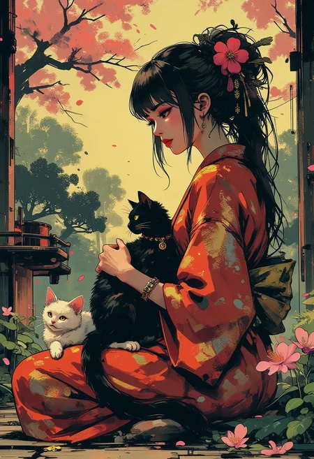Mh1$AgThS2, intricate linework with expressive contrasts, soft lighting with dynamic highlights, A digital artwork in the style of cknc, image of a Japanese woman in a silk red and gold kimono, long hair, bangs, sakura flower in her hair, sitting in a formal Japanese garden, holding a black cat on her lap, with a white cat at her ankles, turning her head to look back at the viewer