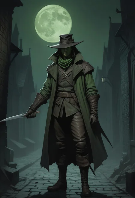 Dark Fantasy Artwork of a lean pale highwayman (picking his nails) with a thin straight dagger, one leather glove off, beneath a pale creepy green moon, (top half of his face obscured by shadow). He wears a medieval leather jacket, (floppy bicorn hat with wide brim,) tight trouser with a woolen codpiece, and long riding boots. DarkestDungeon artstyle. Karl Kopinski artstyle, very detailed. Dark foggy alley in the 1500's background,