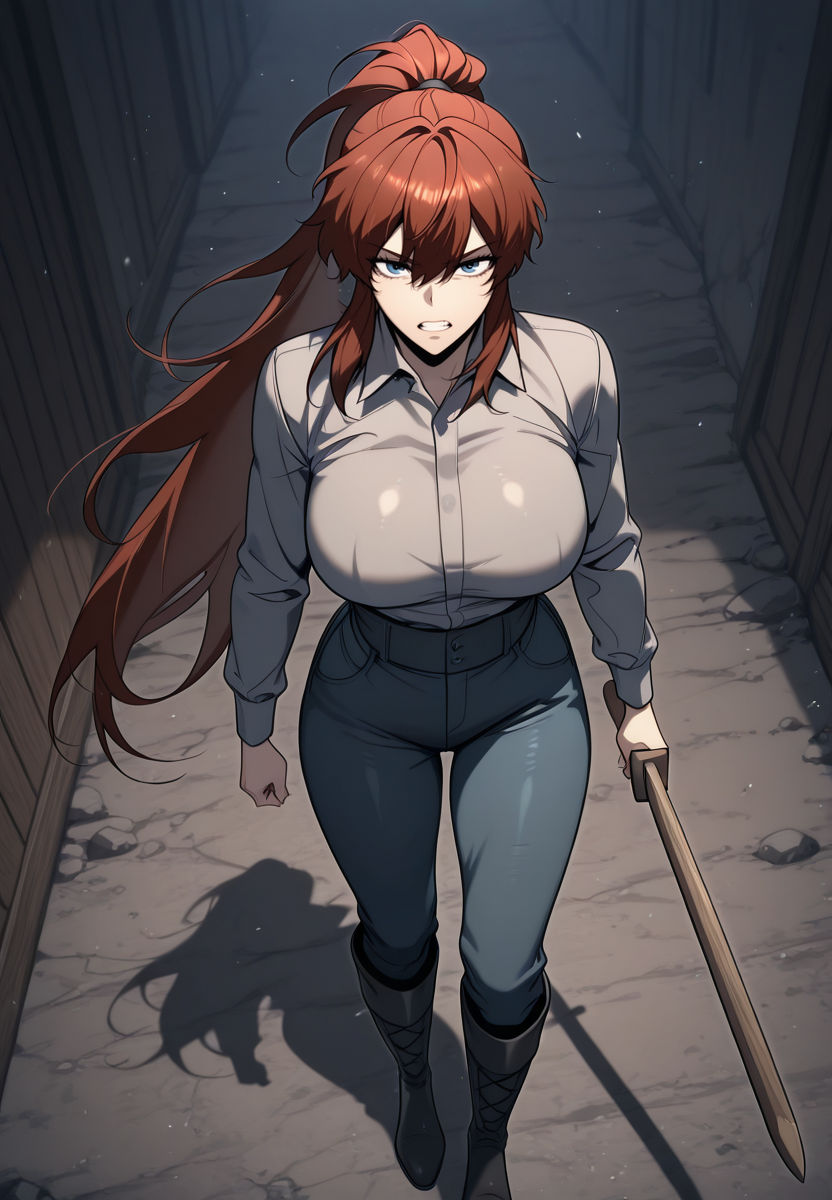 zPDXL3, score_9_up, score_8_up, score_7_up, ,Masterpiece,(perfect female body:1.2), small waist, (incredibly detailed:1.4), beautiful fingers, (large breasts:1.4), huge breasts, <lora:Eileen_Floyd_-Regressor_of_the_Fallen_Family_Kaleid_Illustrious:1> eileenfloyd, 1girl, long hair, ponytail, blue eyes, red hair, shirt, pants, hide boots, hair between eyes, collared shirt, teeth, wooden sword, serious,