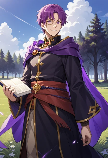 score_9, score_7_up, source_anime, 1boy, cowboy shot, looking at viewer, smile, holding book, open book, <lora:Canas-pdxl:1> mlcns, black robe, purple cape, purple eyes, purple hair, monocle, red sash, gold trim, bangs, solo, grass, trees, cloud