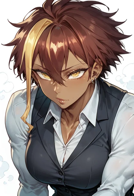 score_9, score_8_up, score_7_up, Expressiveh, solo, 1girl, marle barrock, yellow eyes, ringed eyes, muscular female, dark-skinned female, toned female, business_suit,