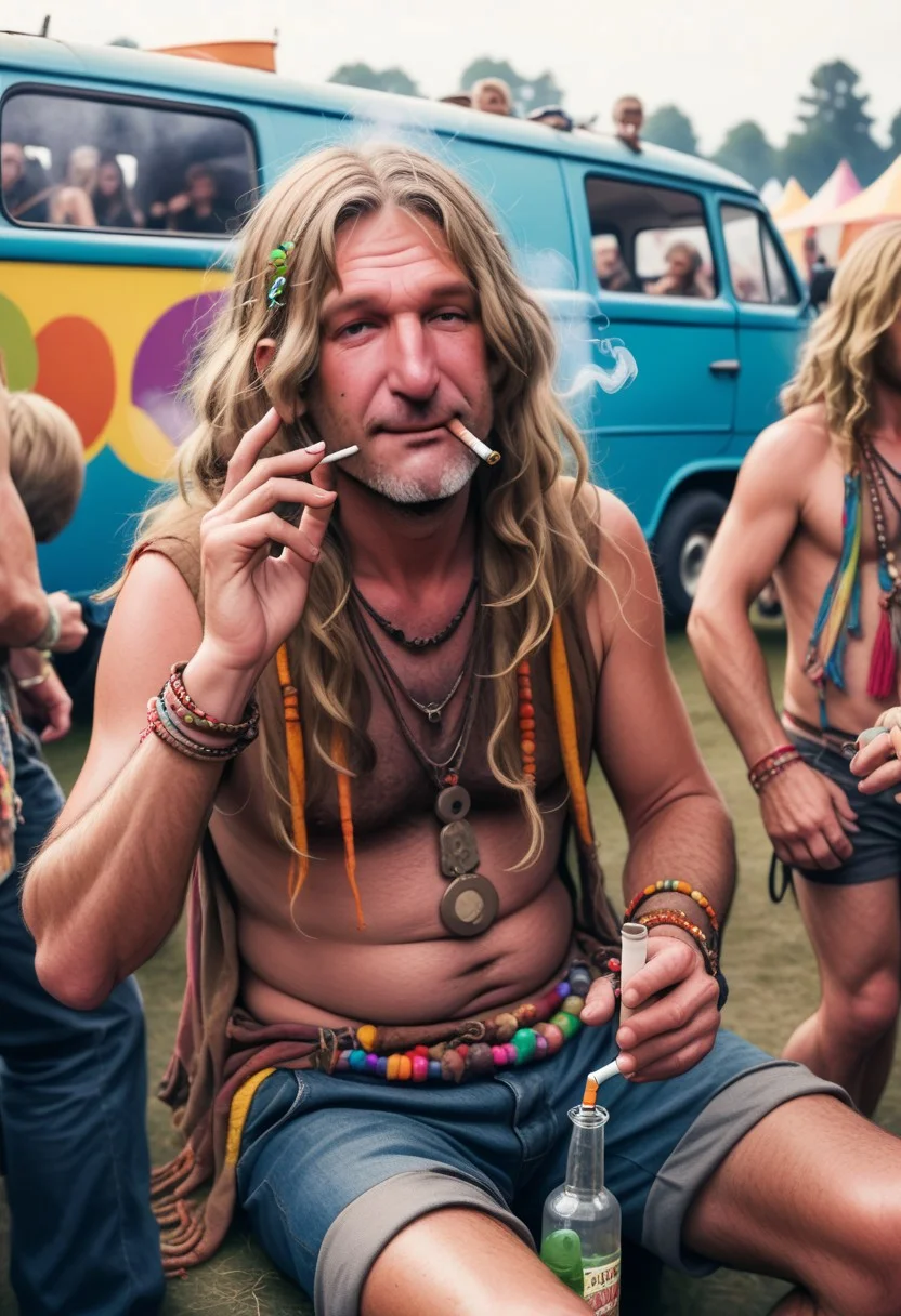 man aged 40 at pop festival, hippy,
Fair hair, smoking bong, old van
, crowds