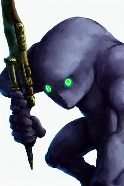 1other, by k-suwabe, colored skin, holding weapon, jojo pose, looking at viewer, no humans, no mouth, glowing eyes, simple background, solo, stand \(jojo\), white background <lora:ksuwabe-v1-6k-lora:2>
