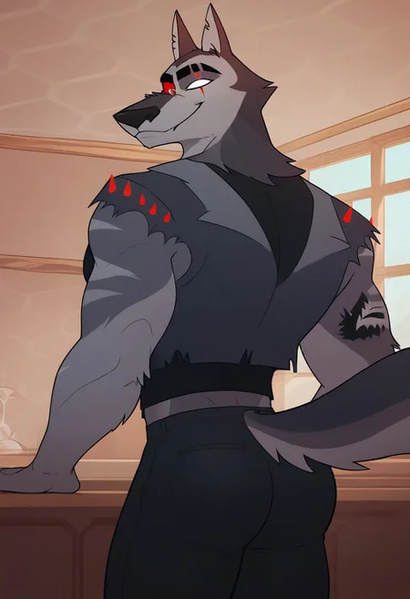 score_9_up, score_8_up, score_7_up, high quality, detailed, male, solo male, VortexHB, 1boy, mature male, anthro, wolf, hellhound, dark gray fur, light underbelly, white eyes, red sclera, colored sclera, scar on left eye, animal ears, broad shoulders, athletic build, thick eyebrows, standing, half body, indoors, looking at viewer, smiling, gray vest, black shirt, black pants, rear view, big butt, thick thighs, round ass