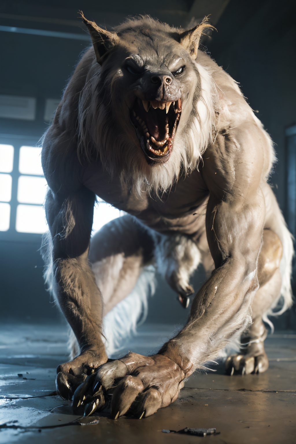 EdobWerewolf (Realistic:1.5) indoors, blurry background, no humans, gauntlets, blurry, 1girl, artist name, waves, claws, nude, furry male, kneeling, sky, dragon, giant, scar, motor vehicle, lying, closed mouth, robot,  <lora:EdobWerewolf_v2.0:0.8>