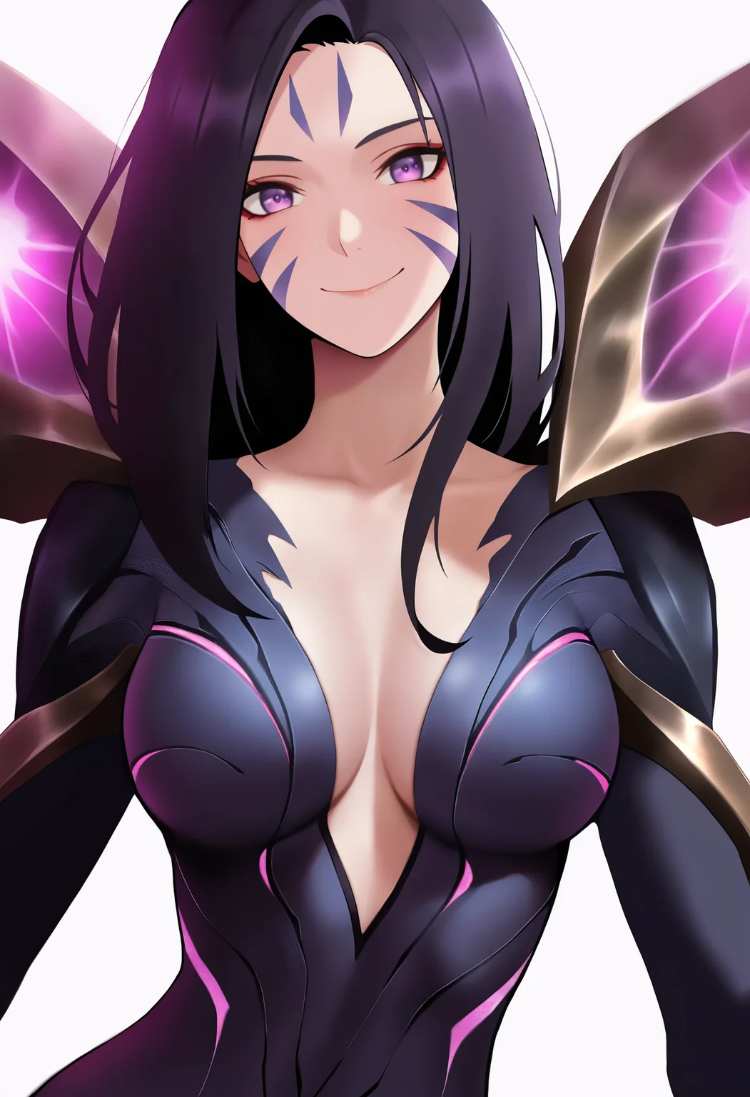 masterpiece, best quality, very aesthetic, absurdres,
1girl, kaisa, 1girl, black hair, long hair, purple eyes, facial mark, bodysuit,
smile, upper body, looking at viewer, solo, simple background, white background <lora:KaisaIllustriousXL_byKonan:1>