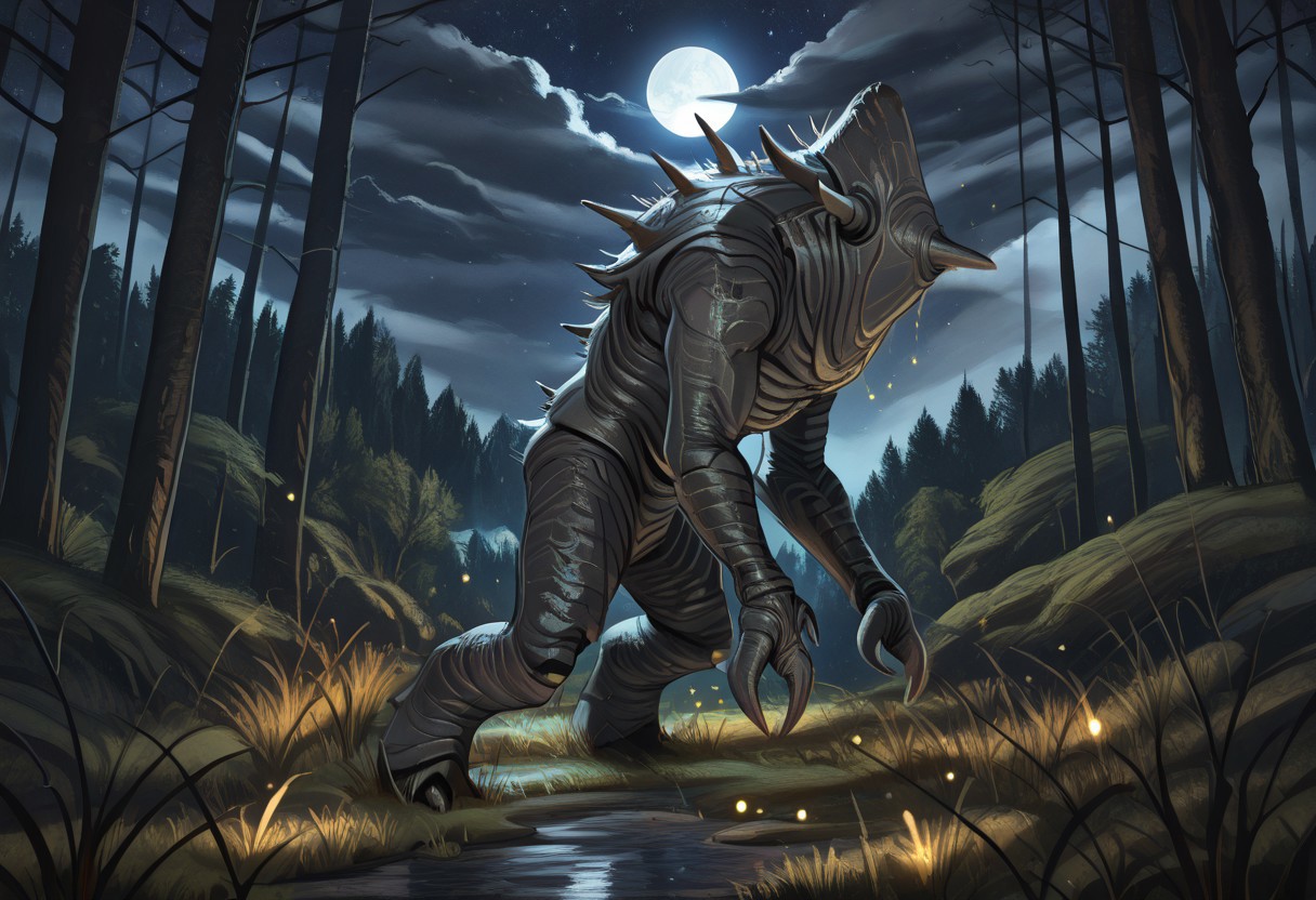 masterpiece,best quality,amazing quality,very aesthetic,absurdres,newest, huge filesize, absurd res, 
pascaH, no face, monster, grey skin, iron wrinkly body, horns, full body, side view, claws, forest, nighttime, stars, moon, trees, clouds, grass, fireflies, beautiful, glowing, scenery,
