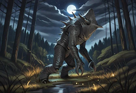 masterpiece,best quality,amazing quality,very aesthetic,absurdres,newest, huge filesize, absurd res,
pascaH, no face, monster, grey skin, iron wrinkly body, horns, full body, side view, claws, forest, nighttime, stars, moon, trees, clouds, grass, fireflies, beautiful, glowing, scenery,