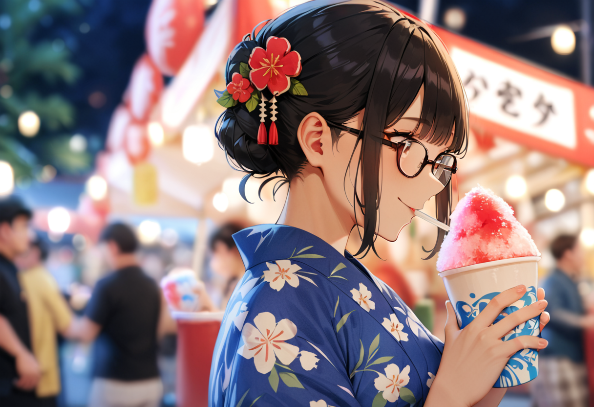 masterpiece, best quality, very aesthetic, absurdres,
1girl, solo, glasses, black hair, short hair, hair bun, hair ornament, yukata, floral print,
holding, holding food, kakikoori_red, shaved ice, cup, food, drinking straw, outdoors, blurry background, night, paper lantern, summer, 
<lora:kakikoori_SDXL_V2:1>