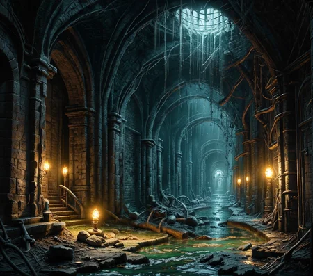 RAW photo, (masterpiece:1.3), subsurface scattering, heavy shadow, (high quality:1.4), (intricate, high detail:1.2), professional photography, HDR, High Dynamic Range, realistic, ultra realistic, photorealistic, high resolution, film photography, ambient lighting, atmospheric effects, <lora:detail_slider_v4:2.5>, OverallDetail, DarkFantasy, dark, medieval, fantasy, sewers, water, torches on the walls, staircase, (greenish lights), greenthemed, <lora:Sewers:1>, epiCPhoto,