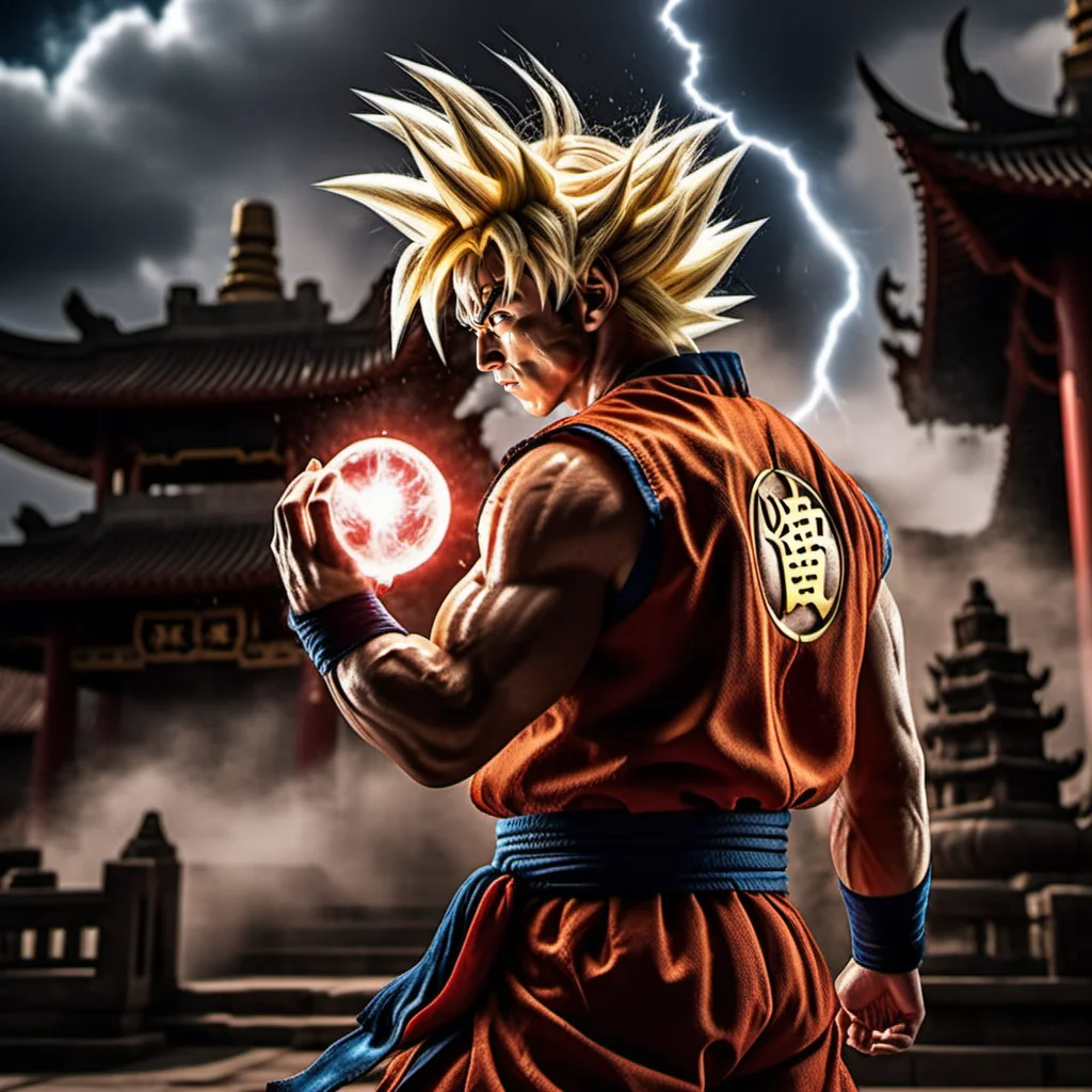 Goku1024 , a muscular man dressed in red, platinum blond hair, casting a powerfull spell, dramatic ball lightning between hands, dragon background, ancient chinese temple, highly detailed, photography, ultra sharp, film, bokeh, professional, 64k <lora:Goku1024:0.7>