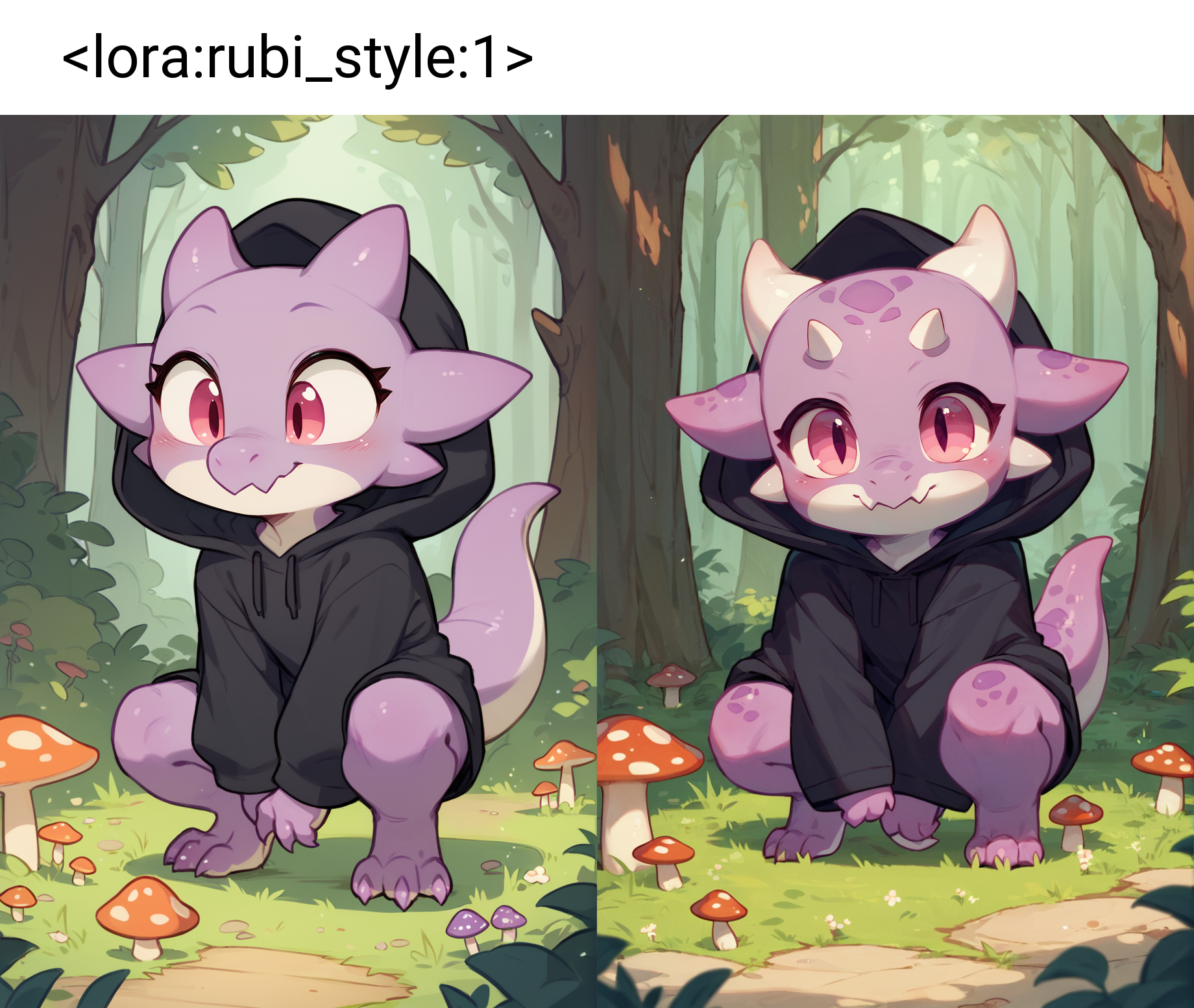 score_9, score_8_up, score_7_up, cute chibi kobold, scalie, wearing black hooded robes, purple body, white belly, pink eyes, toony, countershading, forest, crouching, looking at mushrooms on ground, <lora:rubi_style:1>