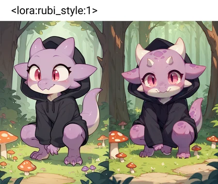 score_9, score_8_up, score_7_up, cute chibi kobold, scalie, wearing black hooded robes, purple body, white belly, pink eyes, toony, countershading, forest, crouching, looking at mushrooms on ground, <lora:rubi_style:1>