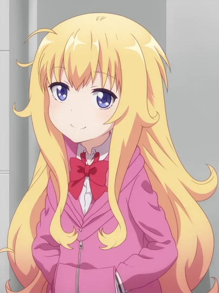 GabT, Gabschool, long hair, blue eyes, blonde hair, bow, very long hair, school uniform, purple eyes, jacket, ahoge, hood, bowtie, hoodie, messy hair, pink hoodie, <lora:Doom PonyXL Gabriel White Tenma:1>,
1girl, solo,upper body, looking at viewer, smile,hands in pockets,