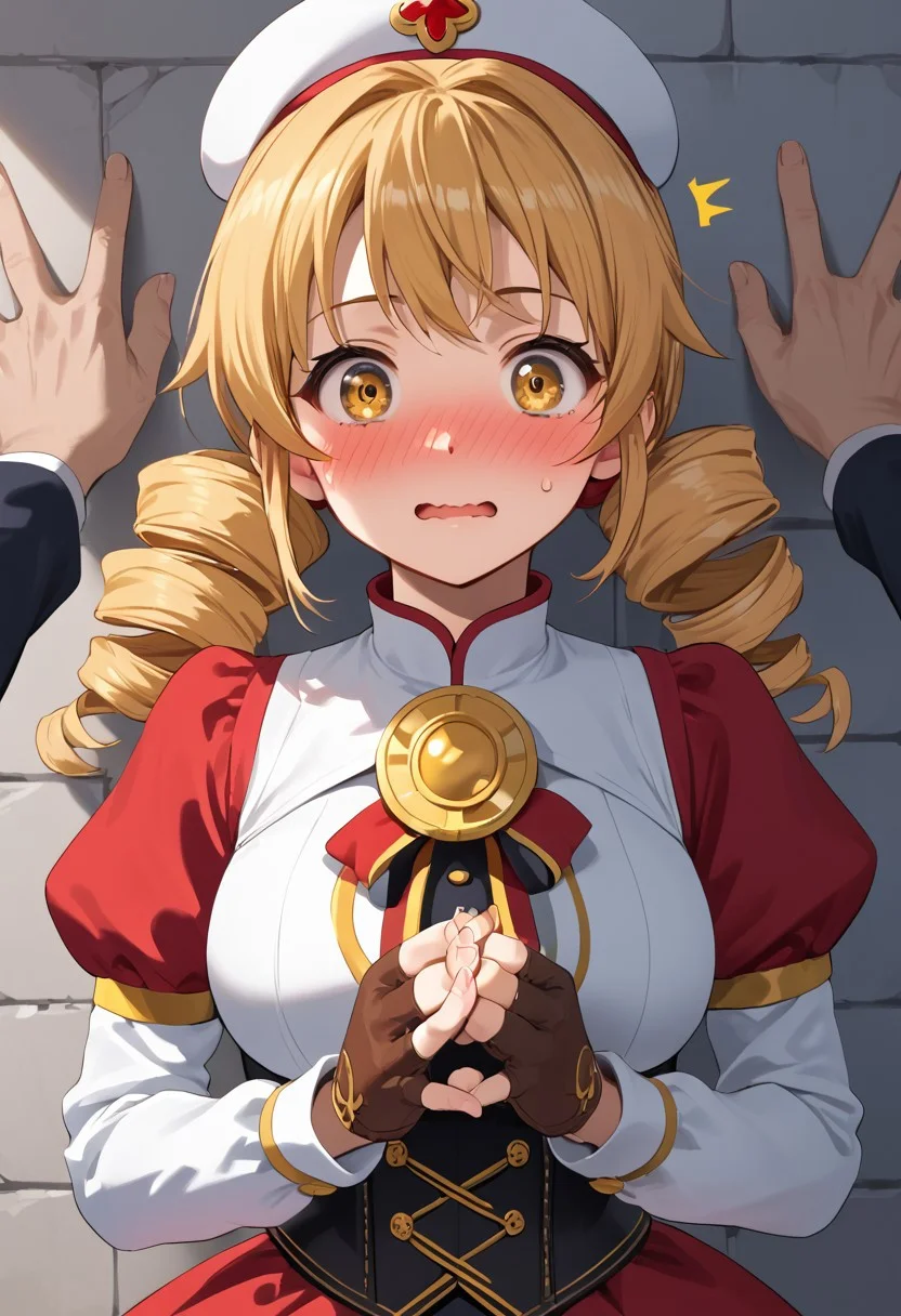 score_4,score_5,score_6,score_7_up,score_8_up,score_9 ((masterpiece,best quality,ultra detailed,highres,HD,4k:1.2)),
Araki,sketch,
1girl,solo,face focus,
mami tomoe, blonde hair, drill hair, twin drills, yellow eyes,large breasts,
brown gloves, corset, detached sleeves, fingerless gloves, gloves, hat, juliet sleeves, long sleeves, magical girl, puffy sleeves,
outdoor, pov, pov hands, kabedon, Wall-don, wall-don with both hands,<lora:Kabedon pov PonyXL:1>, full face blush,surprise,wavy mouth,@ @ ,^^,embarrassed,wide eyes,looking at viewer,
