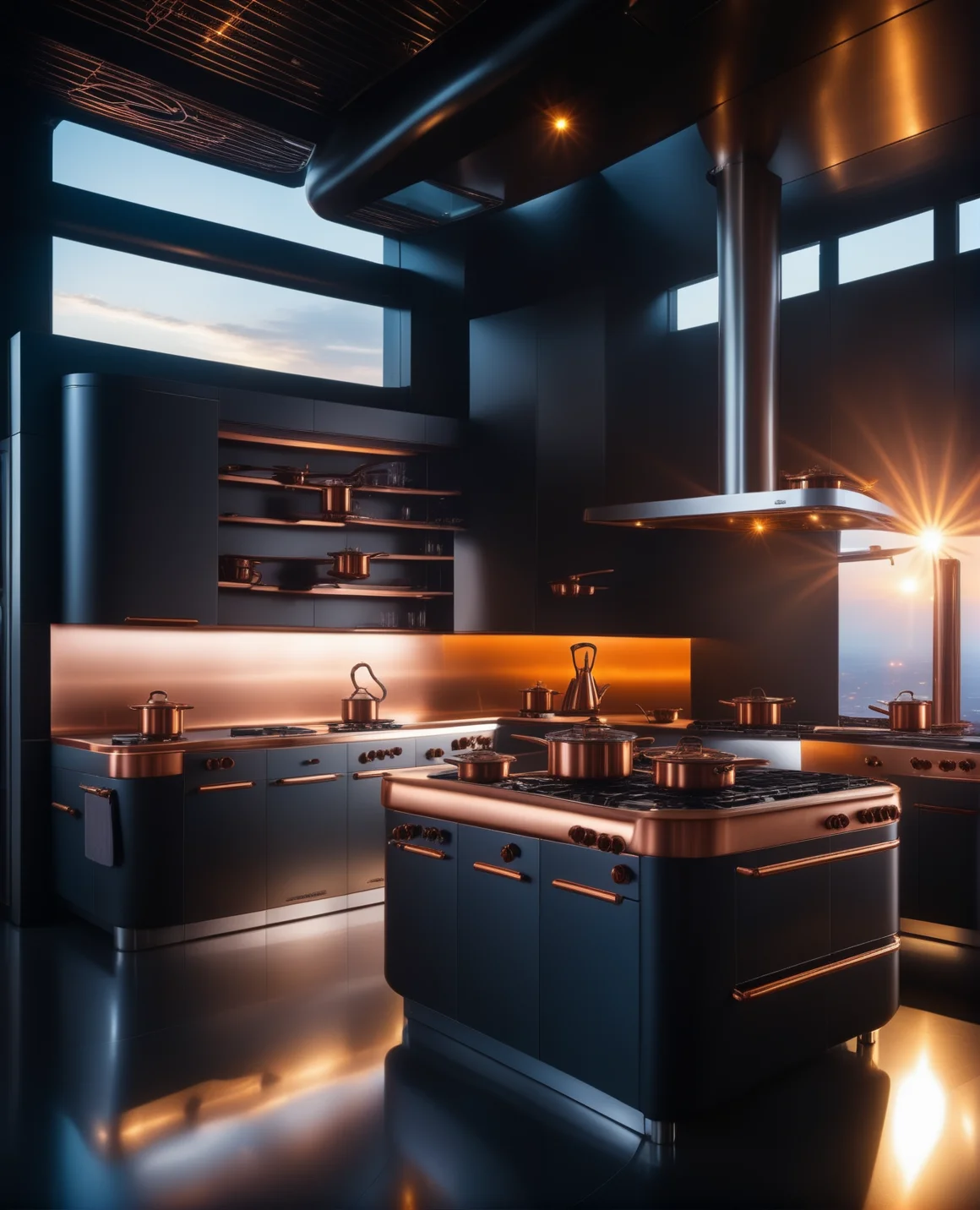 masterpiece, high quality, a reij-ebsu kitchen, retro sci fi steampunk sunrise <lora:ebony sunset-000001:0.9>