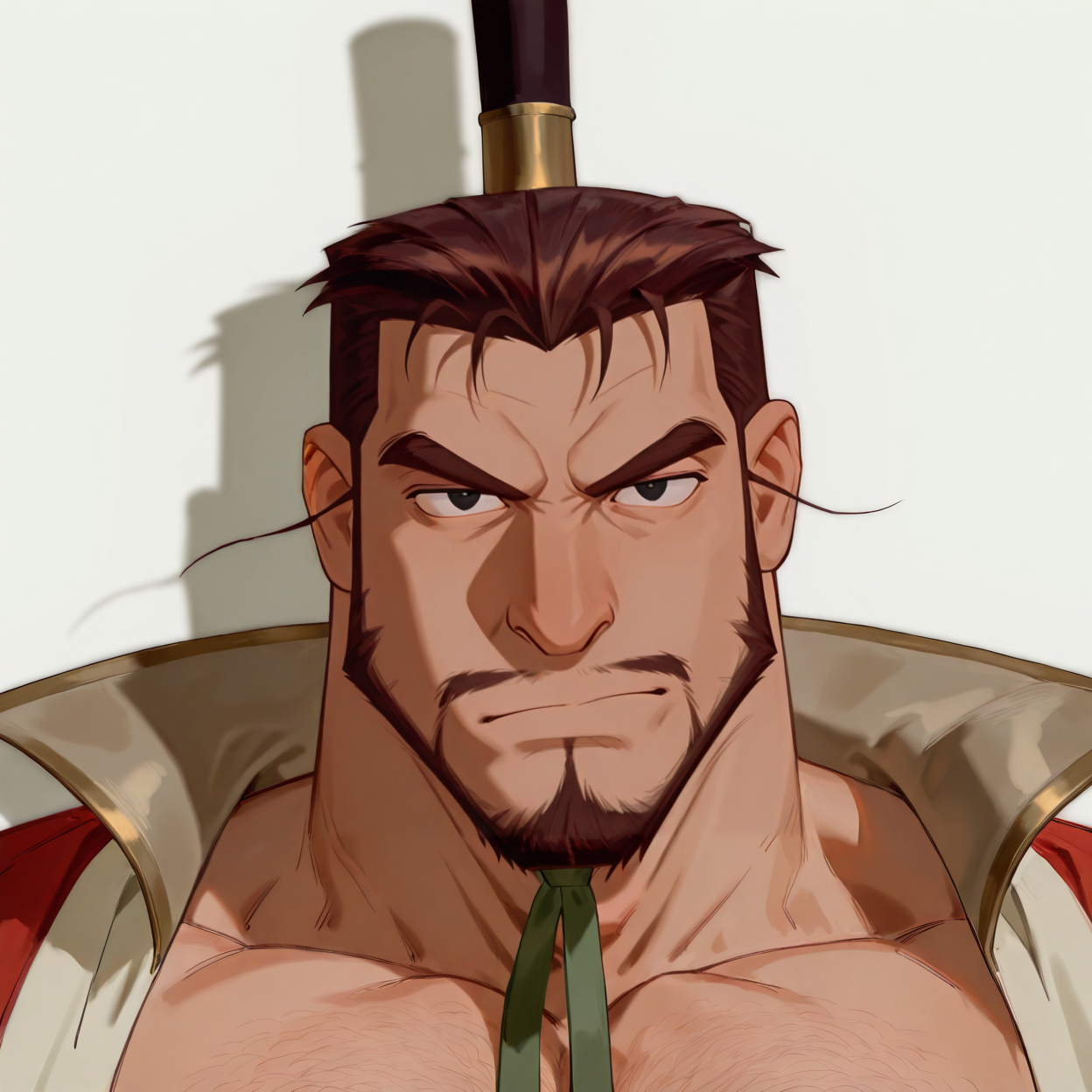 <lora:King_Zhou_The_Legend_Of_Nezha:.8>, King Zhou, thick eyebrows, short hair, brown hair, black eyes, mustache, soul patch, mustache, goatee,, headgear, Red Chinese robe, open clothing,
upper body, looking at the viewer,
(very short hair, beard, bara, mature, facial hair, stubble, beard, full beard, sideburn, beard, a lot of beard, ), facial hair,male focus, muscular male, muscular male, bara, mature,  bara, mature, aixiwuganda_(20222192), very awa, masterpiece, best quality, absurdres, newest, perfect quality, detailed background, intricate details,
<lora:slider_Body Type_alpha1.0_rank4_noxattn_last:3><lora:Anime Summer Days 2 Style SDXL_LoRA_Pony Diffusion V6 XL:.6><lora:slider_cfg_scale_boost:.7><lora:Artist6p:.55>, Artist6p, Artist04p,<lora:slider_il_brightness_slider_d1:-1><lora:slider_il_contrast_slider_d1:-1><lora:slider_DarkSlider1.2_alpha1.0_rank16_full_300steps:-.6>