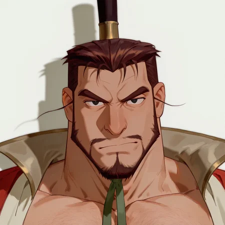 <lora:King_Zhou_The_Legend_Of_Nezha:.8>, King Zhou, thick eyebrows, short hair, brown hair, black eyes, mustache, soul patch, mustache, goatee,, headgear, Red Chinese robe, open clothing,
upper body, looking at the viewer,
(very short hair, beard, bara, mature, facial hair, stubble, beard, full beard, sideburn, beard, a lot of beard, ), facial hair,male focus, muscular male, muscular male, bara, mature,  bara, mature, aixiwuganda_(20222192), very awa, masterpiece, best quality, absurdres, newest, perfect quality, detailed background, intricate details,
<lora:slider_Body Type_alpha1.0_rank4_noxattn_last:3><lora:Anime Summer Days 2 Style SDXL_LoRA_Pony Diffusion V6 XL:.6><lora:slider_cfg_scale_boost:.7><lora:Artist6p:.55>, Artist6p, Artist04p,<lora:slider_il_brightness_slider_d1:-1><lora:slider_il_contrast_slider_d1:-1><lora:slider_DarkSlider1.2_alpha1.0_rank16_full_300steps:-.6>