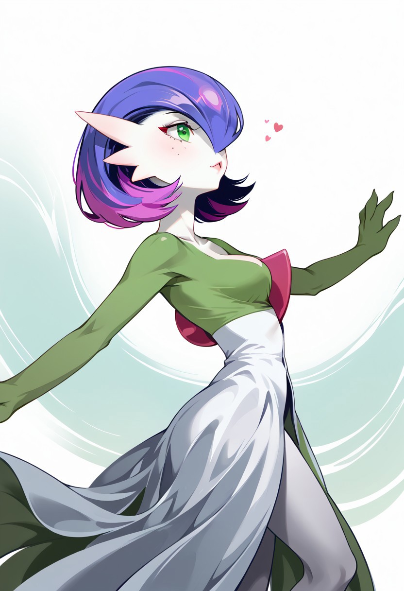 Stable_Yogis_PDXL_Positives, zPDXL3, Expressiveh, (((gardevoir))), female, anthro, ((porcelain white skin)), score_9, score_8_up, score_7_up, 4n1v3rs3, Anime Style, Western comics, Raw photo, source anime, perfecteyes, 1girl, solo, gardevoir, freckels,
dark colored hair, deep green eyes, lean head to the viewer, deep cleavage, detailled eyes, 
(ray of light:1.2), (haze:1.3), (praticules in the air:1.1), (lineless:1.5),