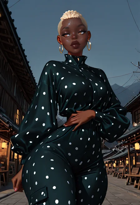 lazypos, straight-on, 32k resolution:1.3, excessive detail, outdoors, village, dynamic pose, BAMF-Illu, ebonygirlsdd, (no lineart:2), beautiful detailed eyes, detailed skin, detailed hair, dramatic shadows, cinematic lighting, photo background, depth of field, aerial shot, sfw, photorealistic, volumetric lighting, chiaroscuro, dynamic angle, foreshortening, 
BREAK
solo, 1girl, black to blonde ombre hair color, buzz cut, dark-skinned female, dark skin, amber eyes, hoop earrings, thick lips, full breasts, narrow waist, wide hips, big ass,
BREAK
wearing Polka dot jumpsuit, hopping, hand on own stomach, 
BREAK
<lora:Black_hairstyle:1>
<lora:eyes_enhancer_V3:1>
<lora:ILXL - Dynamic Poses v1.0:1.5>
<lora:EbonyGirlsDD-Illustrious-v01:0.5>
<lora:Beautiful_Mahogany_Style_Illu_Edition:1>