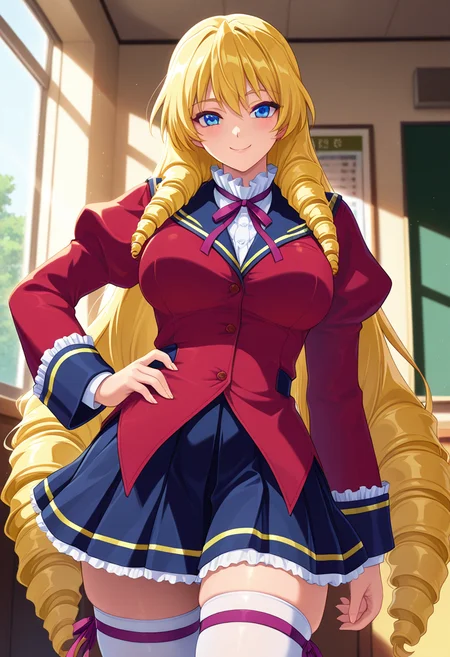 masterpiece, best quality, amazing quality, absurdres, 1girl, solo, cowboy shot, himenoww, blue eyes, blonde hair, long hair, very long hair, drill hair, large breasts, school uniform, purple neck ribbon, red jacket, white dress shirt, puffy sleeves, juliet sleeves, dark blue pleated skirt, petticoat, zettai ryouiki, white thighhighs, purple thigh ribbon, looking at viewer, smile, indoors, day, skindentation, detailed clothing folds, depth of field, sharp, high contrast, dynamic light <lora:Ryuuguuji_Himeno_Gakuen_Saimin_Reido_ill:0.8>