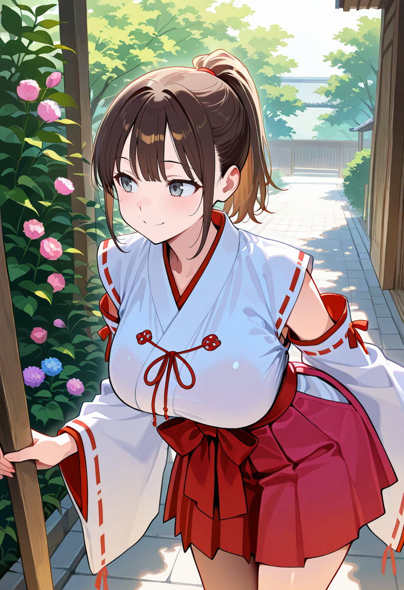 best quality, amazing quality cowboy shot, simple background,((outlined outlined vector graphics)),  beautiful scenery,  from above ,  looking away ,
1girl, 20yo, brown hair, gray eyes, (large breast:1.1), (ponytail:1.1), medium hair,(curvy:1.1),bangs, cute face,
 pink clothes, pink skirt, smile,  , miko , miko-cosplay   , detached sleeves, wide sleeves,   standing ,  leaning forward ,  ,  , kawaii, flowers,  <lora:miko-cosplay-il-01:0.8>