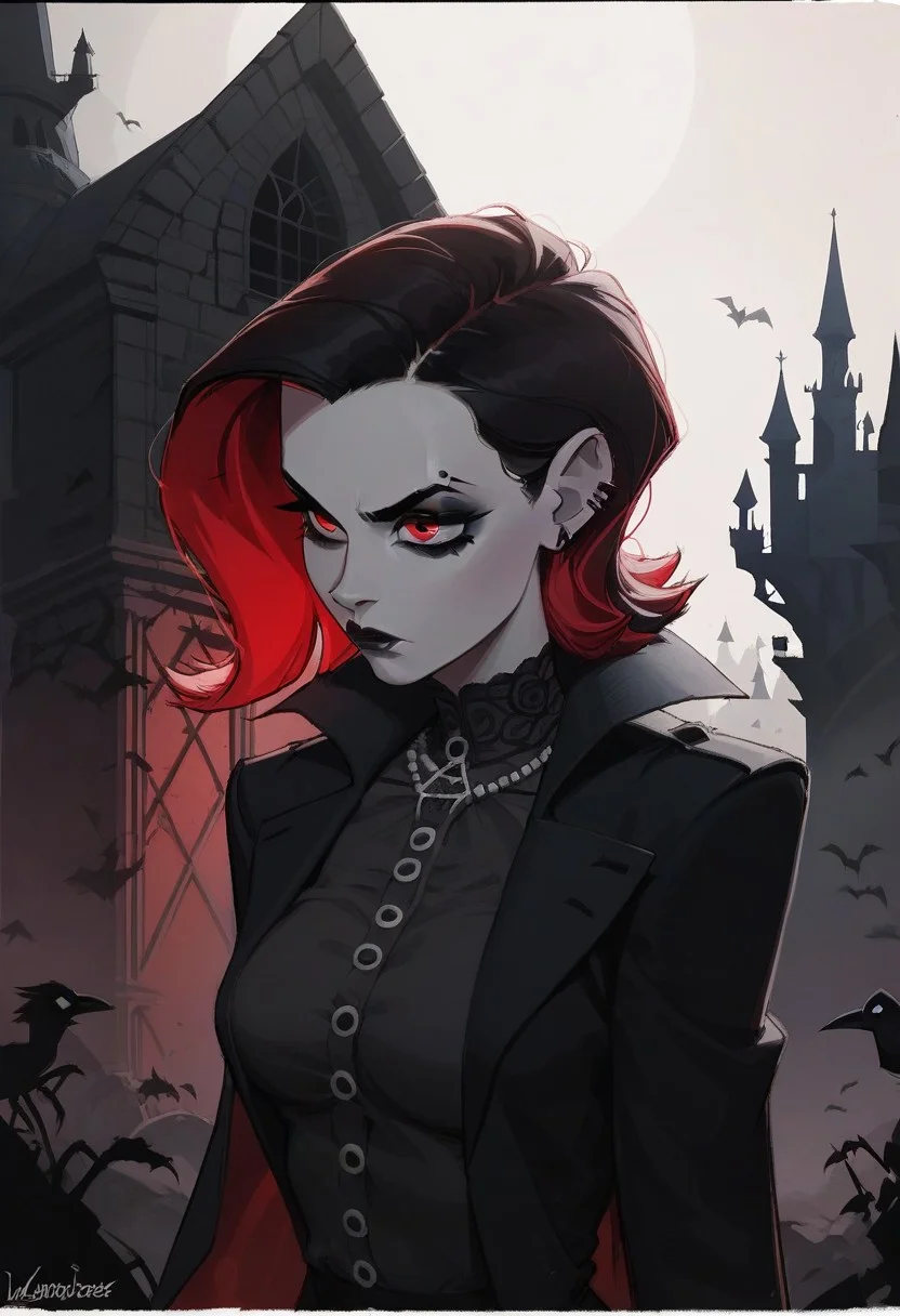 score_9, score_8_up, score_8_up, sexy woman, vampires, intricate outfit, bobcat hairstyle, black coat, serious expression, gothic atmosphere, crows, dark castle, outdoors, black colors, red colors, detailed background, simple shadows, flat coloring, flat shadows, thick lines, white outline,