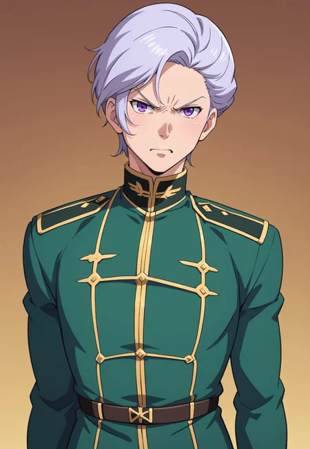 score_9, score_8_up, score_7_up, source_anime, front view, BREAK, ( angelo_sauper, purple eyes, gray hair, best eyes, looking at viewer, zeon uniform, angry expression, ) 1boy, male focus, solo, BREAK, rozen zulu in background,