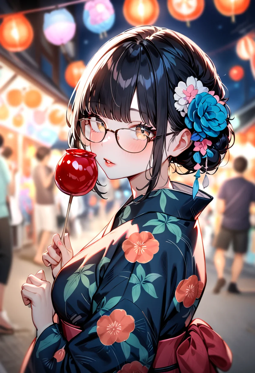 masterpiece, best quality, very aesthetic, absurdres,
ringoame, 1girl, glasses, food, black hair, yukata, floral print, candy apple, hair ornament, looking at viewer, lips, hair flower, holding food, upper body, holding, outdoors, bangs, blurry background, night, summer, paper fan, uchiwa, paper lantern,
<lora:ringoame_SDXL_V1:1>