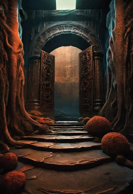 D&D scenery, a dungeon hall with a rusty iron door in a deep dark dungeon, futuristic utopic fantasy, intricate,UHD, masterpiece, high resolution surrealism , HDR photo Canon EOS