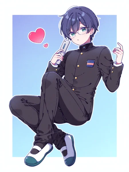 mei \(meiday mise\), <lora:ShigeCoPa3XL:1> ShigeCoPa, 1boy, school uniform, gakuran, badge, glasses, short hair, black pants, uwabaki, looking at viewer, <lora:cfg_scale_boost:0.5>, full body, gradient background, heart, floating, border, white outline, solo, holding phone, flip phone,
