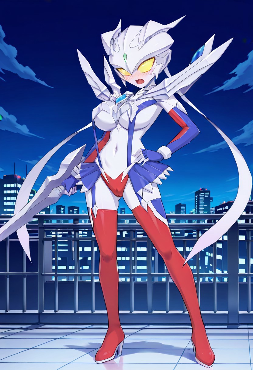 official art, detailed anime, ultra detailed anime art, anime screencap, screencap, score 9, score 8 up, score 7 up, masterpiece, anime coloring, source anime, 
BREAK
UltraGirlZero, 1girl, solo, large breasts, helmet, glowing eyes, yellow eyes, no pupils, yellow sclera, green jewel forehead, thighhighs, navel, genderswap \(mtf\), tokusatsu, alien, visible fang, colored skin, silver skin, metallic skin, red and blue elbow gloves, chest armor, revealing clothes, blue suspenders, underboob, ((covered nipples:0.9)), navel, toned belly, micro skirt, blue garter straps, red mini panties, cameltoe, blue and red thigh-high boots, high heels, weapon at right arm, very long metallic ribbons at shoulders,
BREAK
full body shot, standing, ((contrapposto)), ((hands on hips)), seductive pose, city, night, rooftop, detailed background,