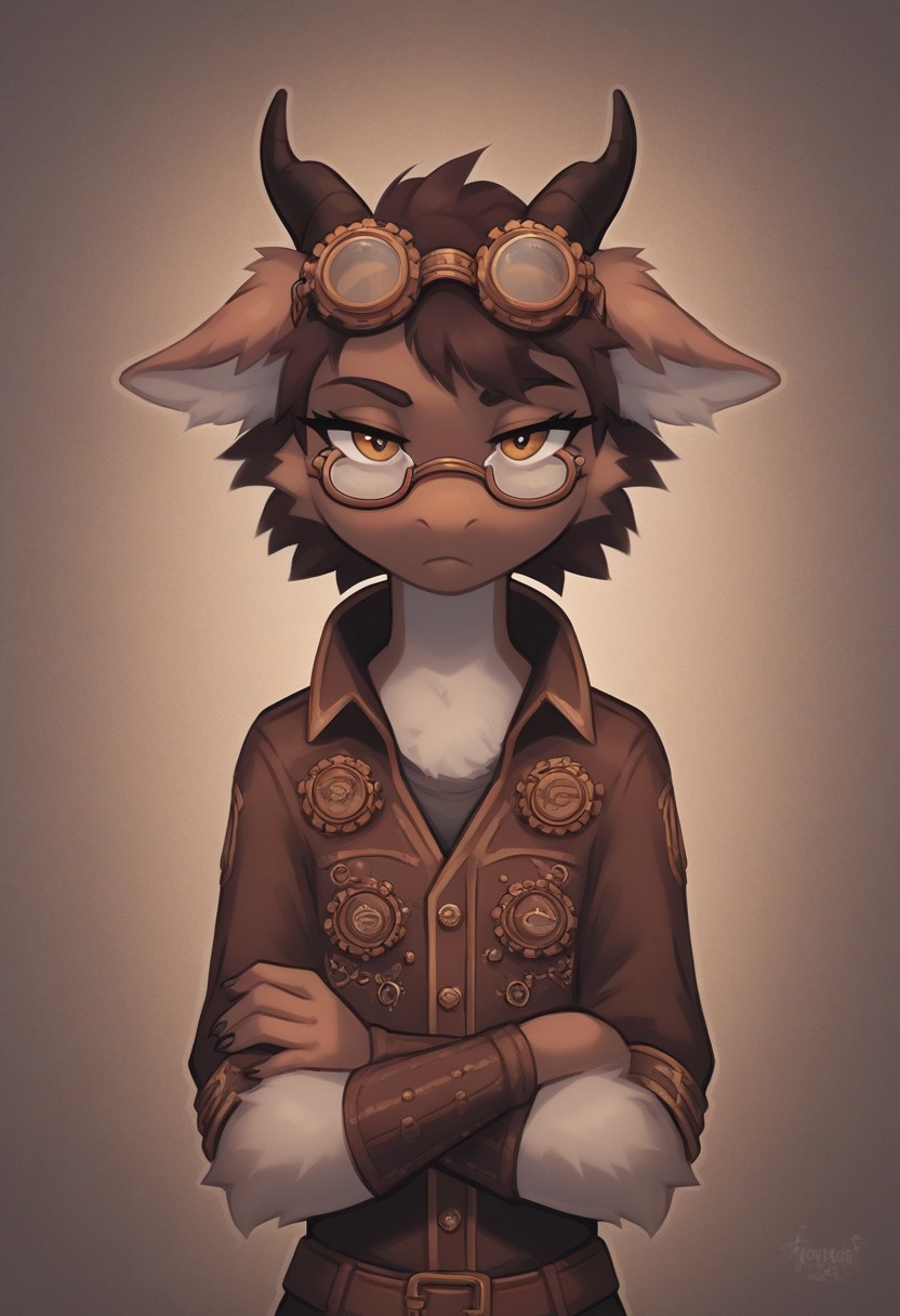 (easynegative 1)  dragon, solo, anthro, girly, fluffy dragon, looking at viewer, bored face, arms crossed, grey brown body, two-tone, little horn, view, steampunk, fantasy workshop, goggle glasses on head