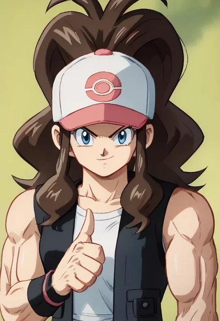 (((thumbcurse))), pokemonhilda, blue eyes, brown hair, long hair, ponytail, baseball cap, blue shorts, denim, hat, shorts, vest, wristband, sleeveless, black vest, white shirt, shirt, 1girl, solo, female focus, thumbs up, upper body, looking at viewer, smile, muscular, closed mouth