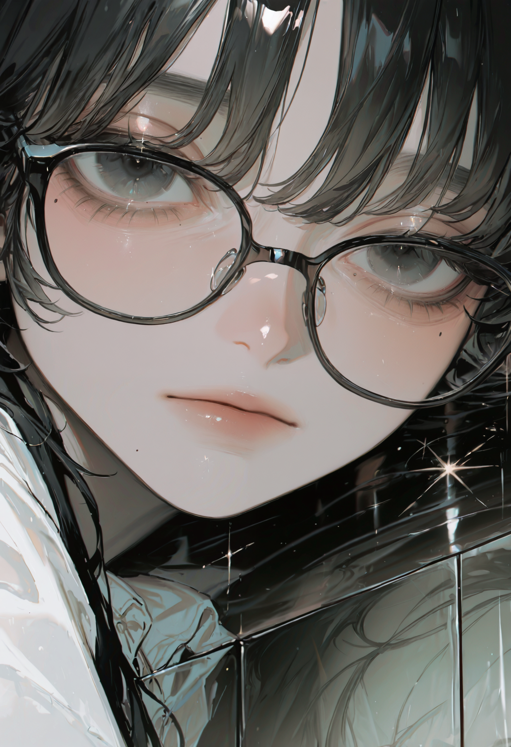 <lora:bmEybWVndV9f-illustriousXL_v01_V2-CAME>, bmEyb, 1girl, solo, glasses, black hair, portrait, sparkle, mole, looking at viewer, black-framed eyewear, black eyes, close-up, cover, mole under eye, reflection, realistic, white shirt, shirt