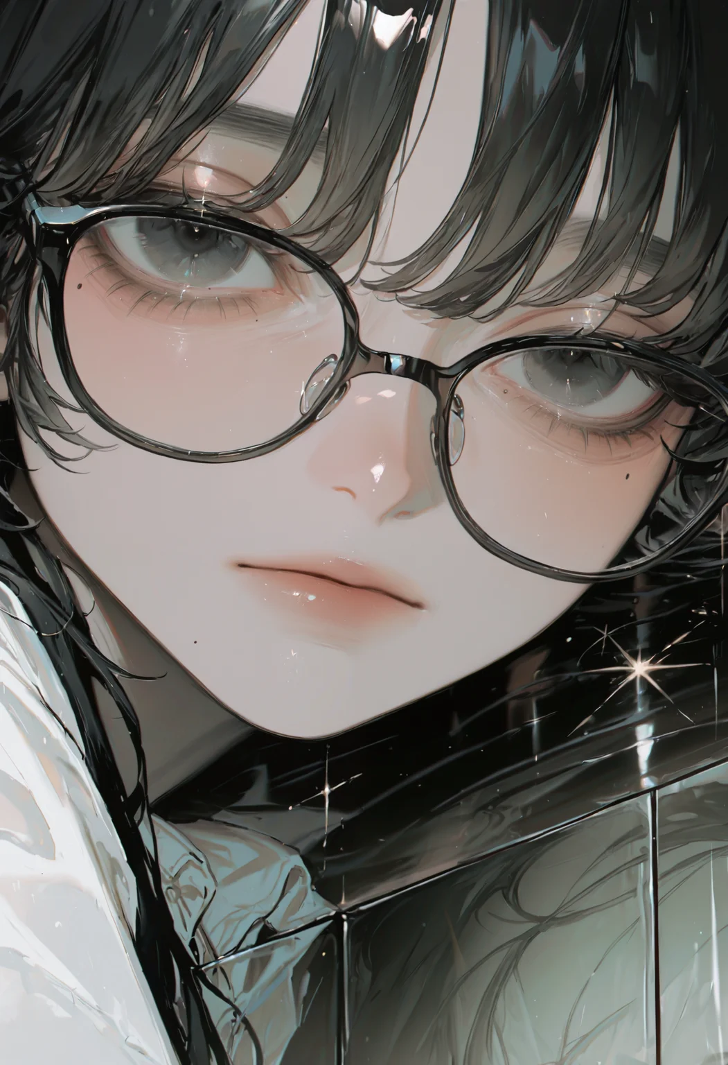 <lora:bmEybWVndV9f-illustriousXL_v01_V2-CAME>, bmEyb, 1girl, solo, glasses, black hair, portrait, sparkle, mole, looking at viewer, black-framed eyewear, black eyes, close-up, cover, mole under eye, reflection, realistic, white shirt, shirt
