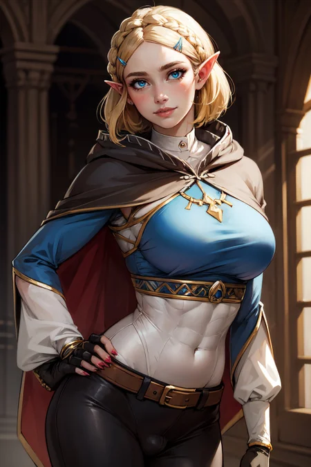 (realistic:1.5), beautiful futanari, mature, age 21, (small penis, erection:1.4), (precum drip:1.3), (testicles:1.0), (cum on penis:1.1), head tilt, small demure smile, (slim, slender, skinny:0.9), narrow hips, slender thighs, large breasts, mocking, clothing aside, highly detailed background, (OverallDetail:1.1), EyeDetail, fFaceDetail, fHandDetail, HairDetail, looking at viewer, sexy, provocative, flushed cheeks, blush, after sex glow,  princess_zelda_aiwaifu, aiwaifu, small ears, pointy ears, braid, hair ornament, hairclip, gloves, fingerless gloves, blue shirt, shirt, long sleeves, crown braid, bangs, pants, black gloves, green eyes, parted bangs, black pants, blonde hair, short hair, long hair, cape, sidelocks, hood, thick eyebrows, jewelry, hooded cape, belt, tight pants, tight, large breasts, puffy sleeves, <lora:GAME_princess_zelda_aiwaifu-10:0.7>