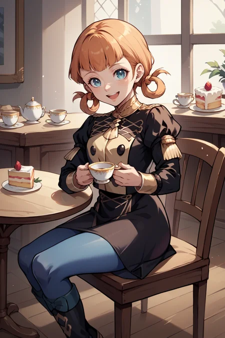 score_9, score_8_up, score_7_up, score_6_up, source_anime, BREAK 1girl, solo <lora:annette-pdxl-nvwls-v1-000005:1> defAnne, hair rings, short twintails, blunt bangs, black jacket, black skirt, blue pantyhose, black boots, sitting, table, chair, holding teacup, cake, looking at you, happy
