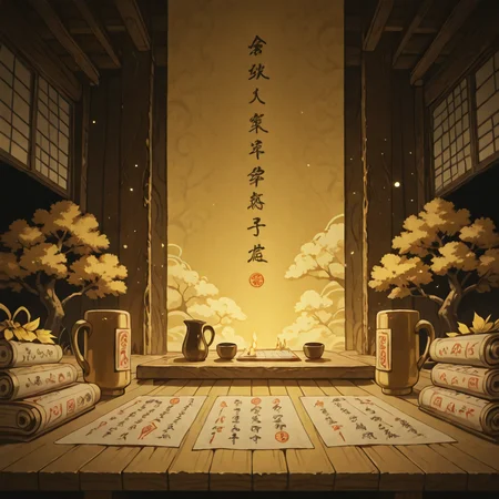 masterpiece, best quality, amazing quality, very aesthetic, absurdres, newest, ,ray tracing, s4bit4mago_illu,anime style, anime screencap, anime coloring, Chiaroscuro, sharp, golden_ornate_background,
scenery, no humans, background,
golden theme,
(dark, night, darkness, low light, harsh shadows, shadows:1.2), dramatic lighting, talismans, text on paper, wooden, japanese architecture, paper, writing, scroll, wooden, books, shrine, ancient, magical, ritual, empty cup, cup, pitcher, light particles, houses, grass, (trees:1.2), leaves, nature, golden trees, golden theme, abstract, ofuda, music notes, celestial, amazing, outdoors,
<lora:S4bit4mago:1> <lora:illustriousXL_stabilizer_v1.7:0.8> <lora:DetailedPerfect_hands_r1:1> <lora:ponyv3_ill01_2_adamW:0.4> <lora:NOOB_vp1_detailer_by_volnovik_v1:3> <lora:anime_screencap:0.4>
