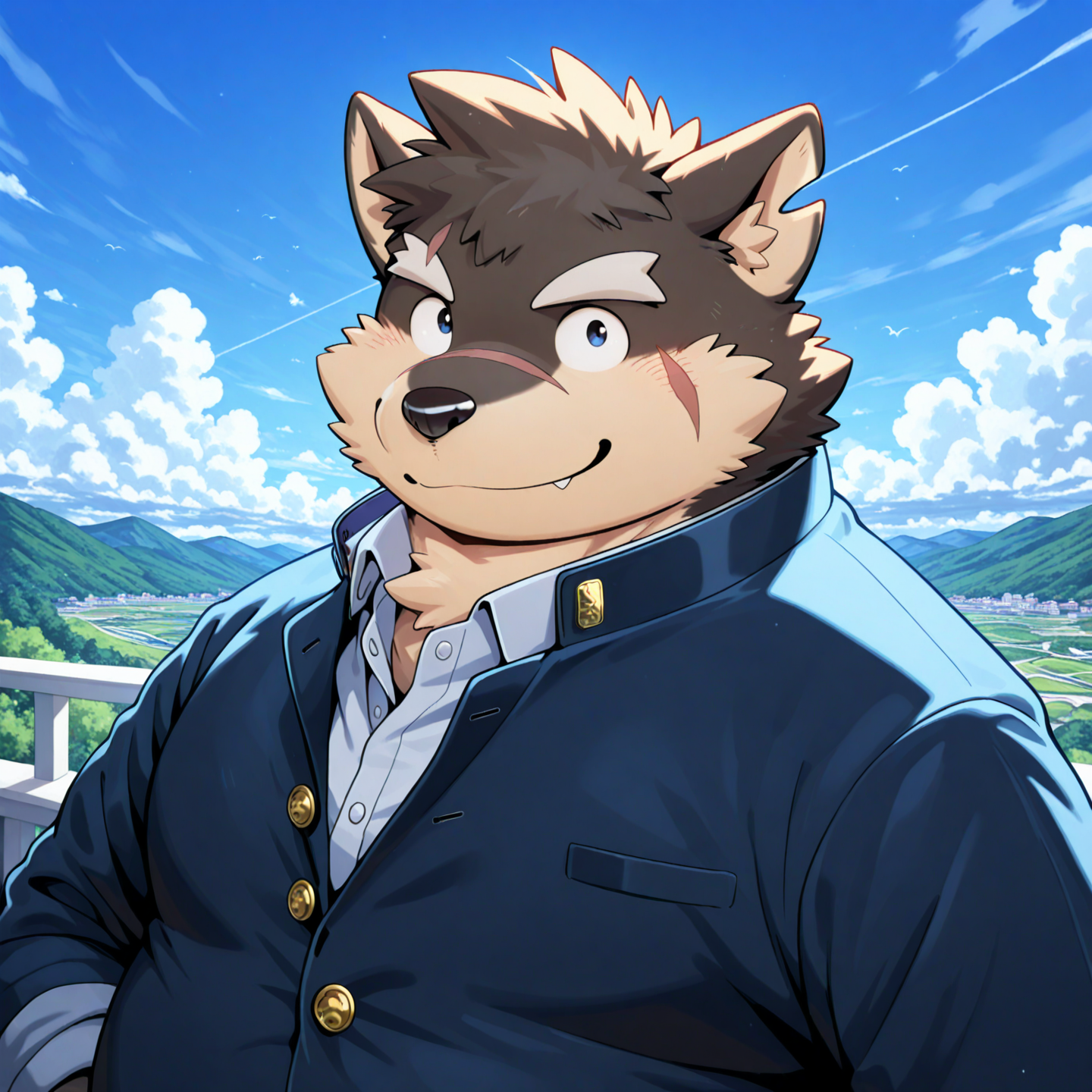 solo, anthro, male, solo,  moritaka, smile, gakuran, upper body, looking at viewer, male focus, 
BREAK masterpiece, best quality, amazing quality, very aesthetic, high resolution, ultra-detailed, absurd res, newest, scenery,   <lora:moritakaIL:1>