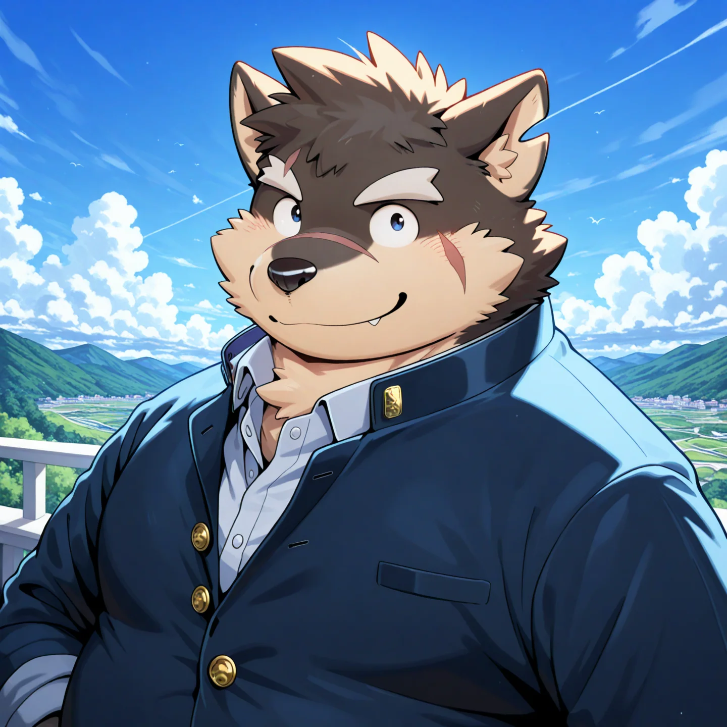 solo, anthro, male, solo, moritaka, smile, gakuran, upper body, looking at viewer, male focus,
BREAK masterpiece, best quality, amazing quality, very aesthetic, high resolution, ultra-detailed, absurd res, newest, scenery, <lora:moritakaIL:1>