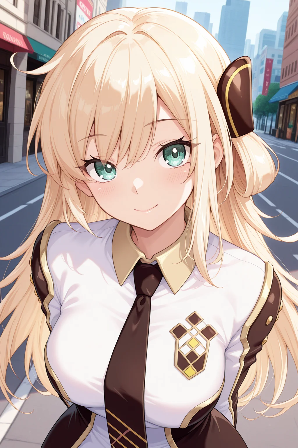 1girl, SkyStrikerAce-RayeYu-Gi-Oh,
general, solo, perspective, dynamic angle, upper body,
long hair, blonde hair, eyelashes,
breasts,
hair ornament,
collared dress, black necktie, two-tone dress,
long sleeves,
dating, looking at viewer, pose, arm behind back, head tilt,
spring, city, street,
<lora:kp_SkyStrikerAce-RayeYu-Gi-OhIllustrious_v1_0:1.0>,
masterpiece, best quality, amazing quality