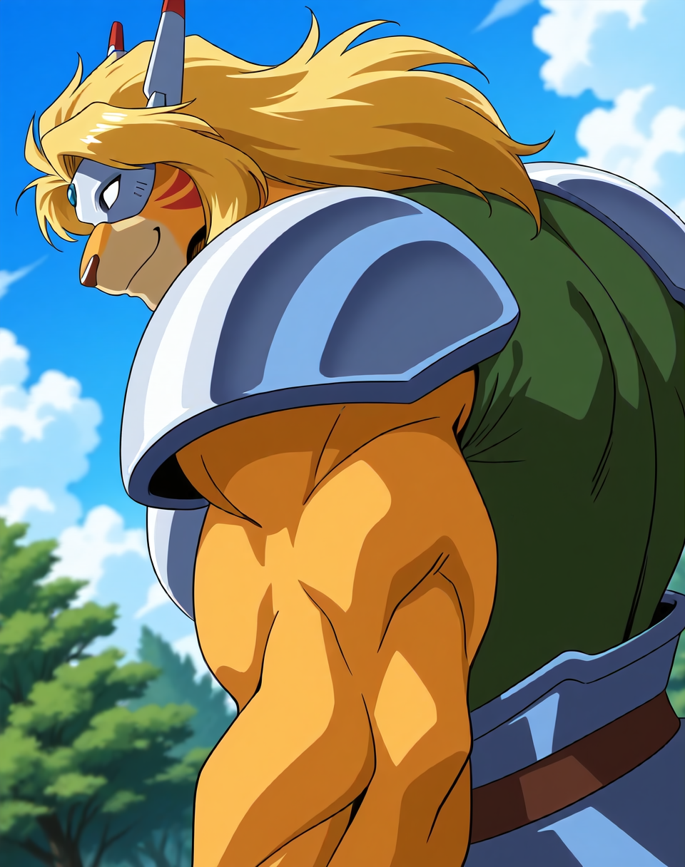 <lora:Kutal_(Shinzo)_(Illustrious)_(AD):1.15> Kutal, muscular, Shinzo, 
exterior, vivid anime blue sky with detailed clouds, forest, deep valley, 
dynamic action, dutch angle, solid white eyes, profile shot, smile, mighty and strong, solo, eye mask, 
large biceps, large shoulders, 
BREAK: very awe, aesthetically pleasing, masterpiece, best quality, amazing quality, very aesthetic, perfect depth of field shot, subsurface reflections, gradient coloring, 
BREAK: lazympos, lazypos (3),