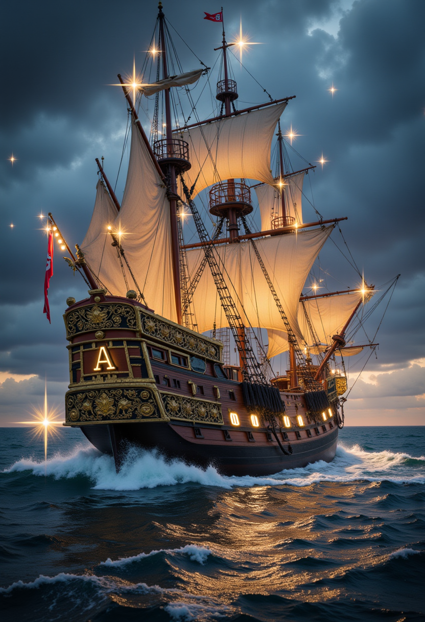 a pirate ship at sea (with a sparkling effect:1.2)