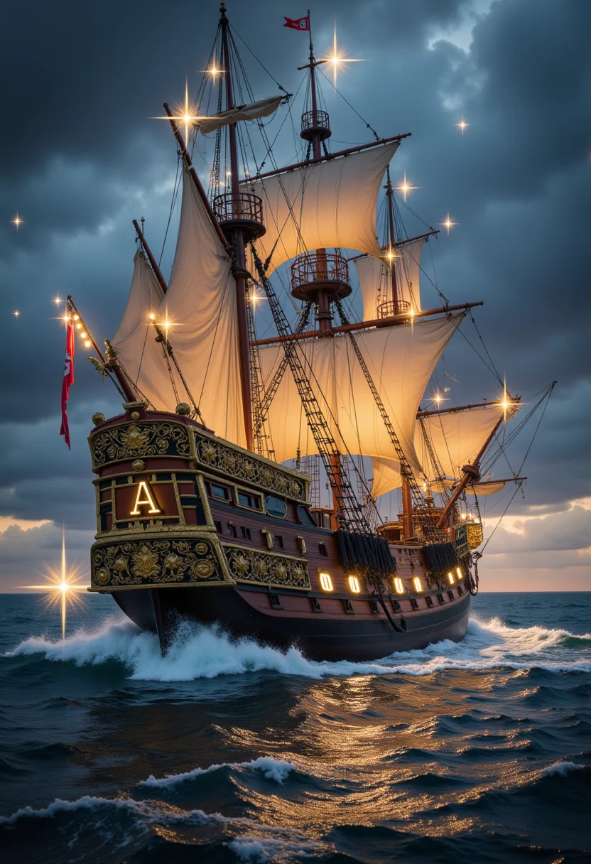 a pirate ship at sea (with a sparkling effect:1.2)