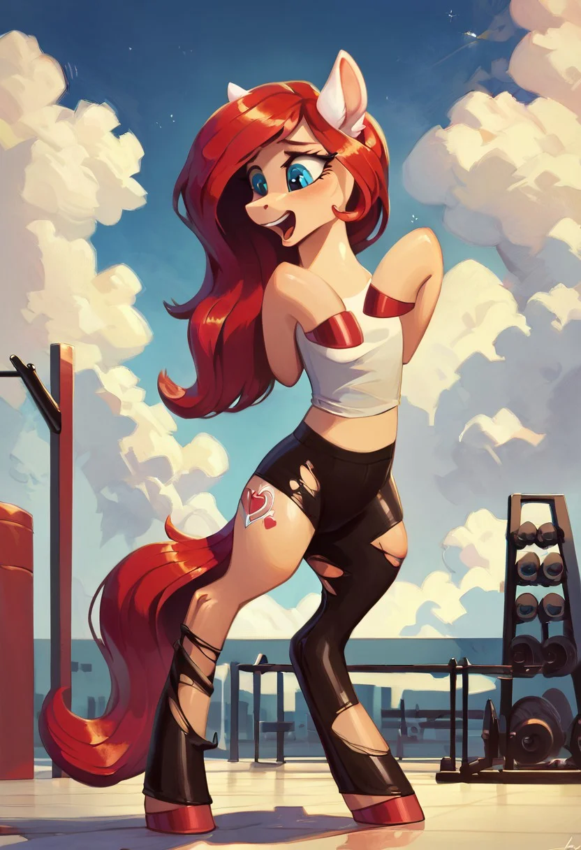 score_9, score_8_up, score_8, pony/human, female, white fur, detailed eyes, tail, digital painting, solo, flat color, soft lighting, rugged appearance, scruffy, standing, ripped clothes, slim, (transformation), sky, gym, <lora:princess_xl_v2:1>, <lora:Smooth Anime Style LoRA XL:1>, <lora:LoraTransBYXL_transformation:1>